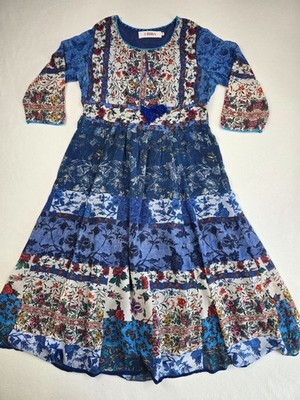 Biba Womens Floral Patchwork Maxi Prairie Dress Blue Size 34 Small Cottage Core