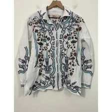 Johnny Was Biya Shirt Embroidered Button Up Long Sleeve White Size XS
