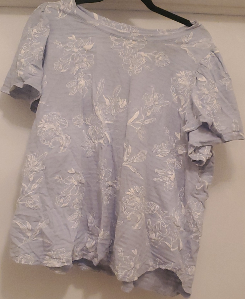 Jane Delancey Floral Embroidered Blouse Light Blue Cotton Short