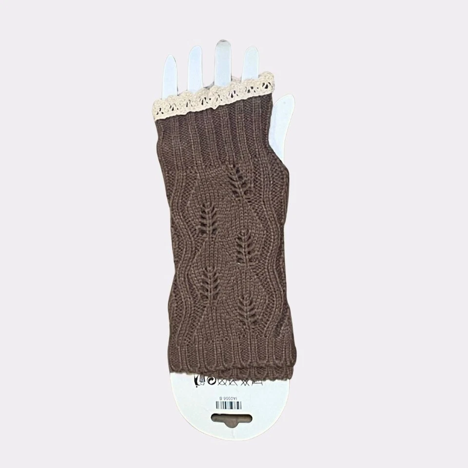 Fingerless Arm-warmer Gloves in Brown and Cream Knit / Lace - Image 2 of 4