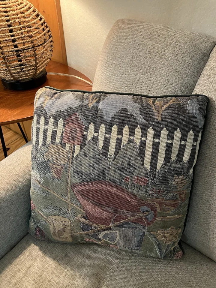 Fashion tapestry Pillow 16" Garden Scene Vintage Green Cottage Core Grandma Core - Image 2 of 4