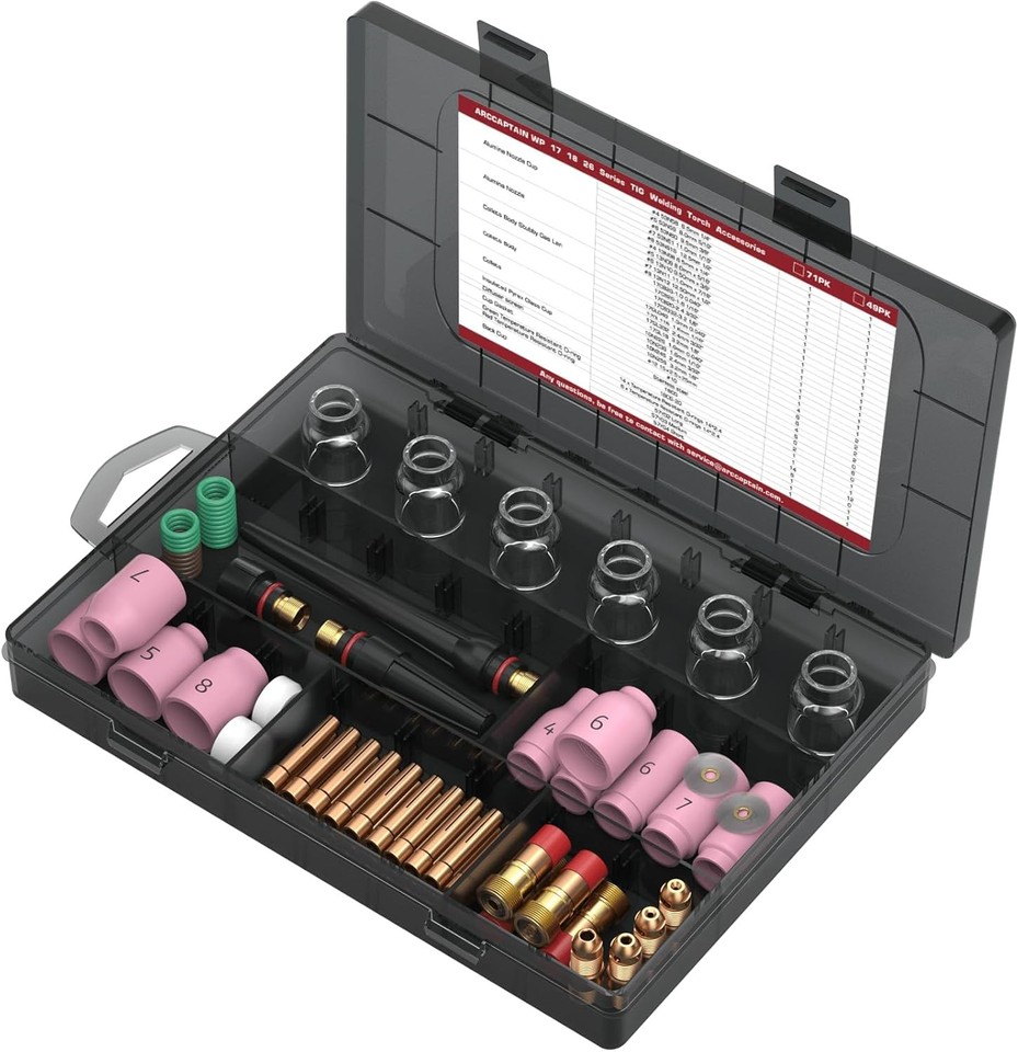 ARCCAPTAIN TIG Welding Torch Accessories Kit – 71 Pcs – Alumina Nozzle, Collets, Gas Lens, Cup – Fits WP-17/18/26