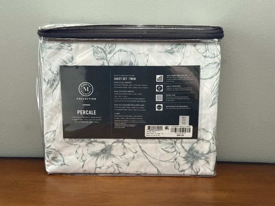 Juego de sábanas dobles florales verdes percal algodón 400 TC colección Martha Stewart NUEVO Foto 3 de 4