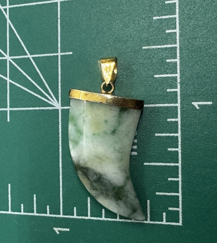 Green Jadeite Claw Horn Pendant Marked S.S. Gold Tone