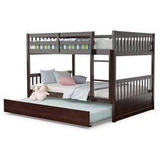 Costway Full over Full Bunk Bed Platform Wood Bed w/ Trundle & Ladder Rail