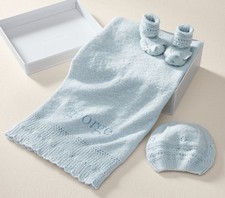 Pottery Barn Kids Luxe Pointelle Newborn Gift Set Blanket, Hat, Booties , Blue