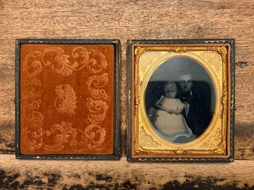 1850a Ambrotype of Victorian Father & Baby in Union Case c.1850s - Orange Velvet