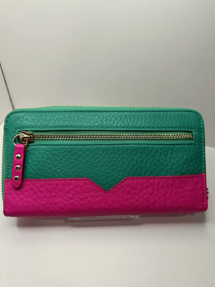 Cartera Rebecca Minkoff Usada en Excelente Condición Cuero Guijarro Verde Azulado y Rosa Caliente Bloque de Color Foto 4 de 4