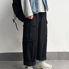 Men Trousers Wide Leg Cargo Pants with Pockets Loose Solid Color Casual Pants