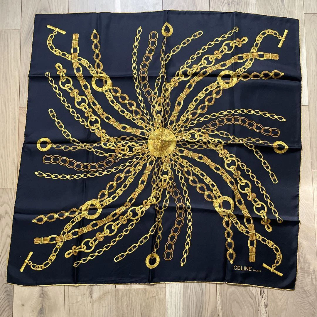 CELINE Sciarpa quadrata seta catena oro Navy