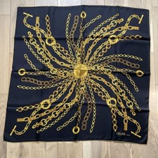 CELINE Scarf square silk gold chain Navy