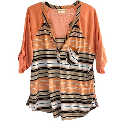 Bobbie Brooks Striped Peach Blouse V-Neck Quarter Sleeve Lace Back Women s 3X