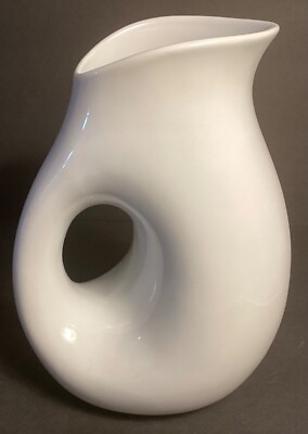 White Pottery Pitcher or Vase Donut Hole Handle Oval Shape 10'' Sleek and Modern