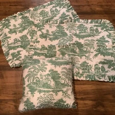 Children Toile Green 2 Pillow Shams & Throw Pillow Beaded Trim Custom Made VNTG