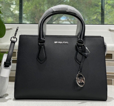 MICHAEL KORS SHEILA MEDIUM SATCHEL SHOULDER BAG PURSE TOTE LOGO MK BLACK SILVER