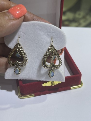 Antique 14k Yellow Gold Hearts Australian Fire Opal Dangle Earrings - Picture 14 of 15