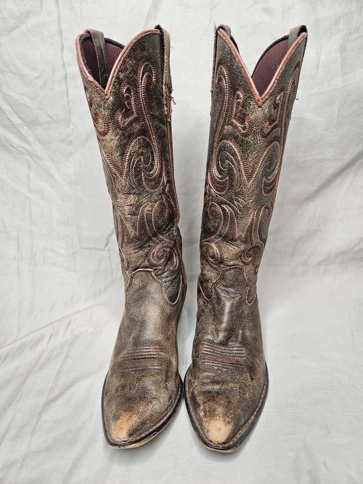 Botas Durango para mujer talla 8 cuero marrón occidental punta en punta tacón bloque tirar Foto 3 de 4