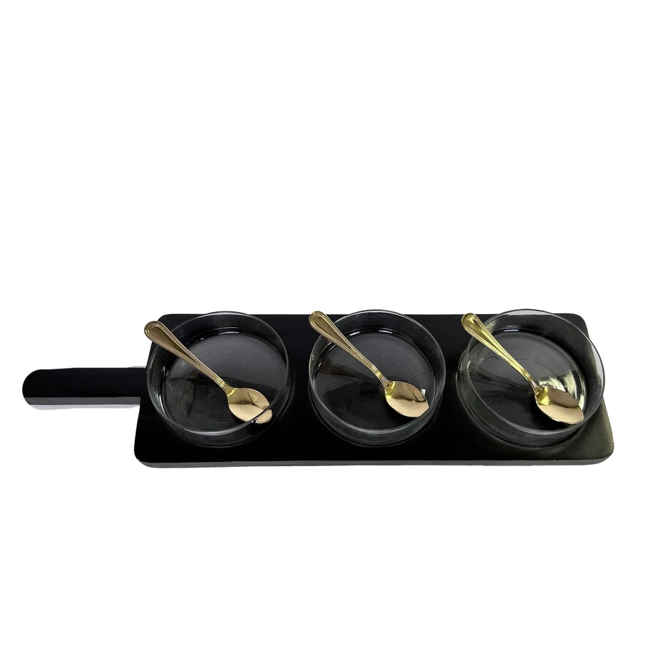 7 Pc Serving Set, Square Paddle Tray with 3 Round Dipping Bowls & 3 Gold Spoons - Image 4 of 4