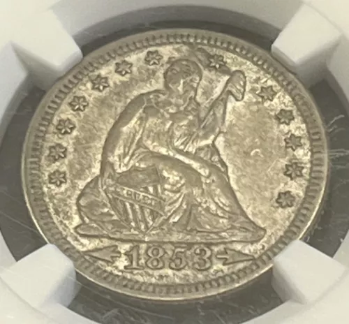 1853 ARROWS AND RAYS SEATED LIBERTY SILVER QUARTER NGC AU 55 ACTUAL COIN #H390