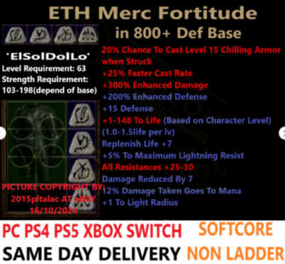  PC PS4 PS5 XBOX SWITCH Merc Fortitude +300%DMG Diablo 2 Resurrected Items D2R