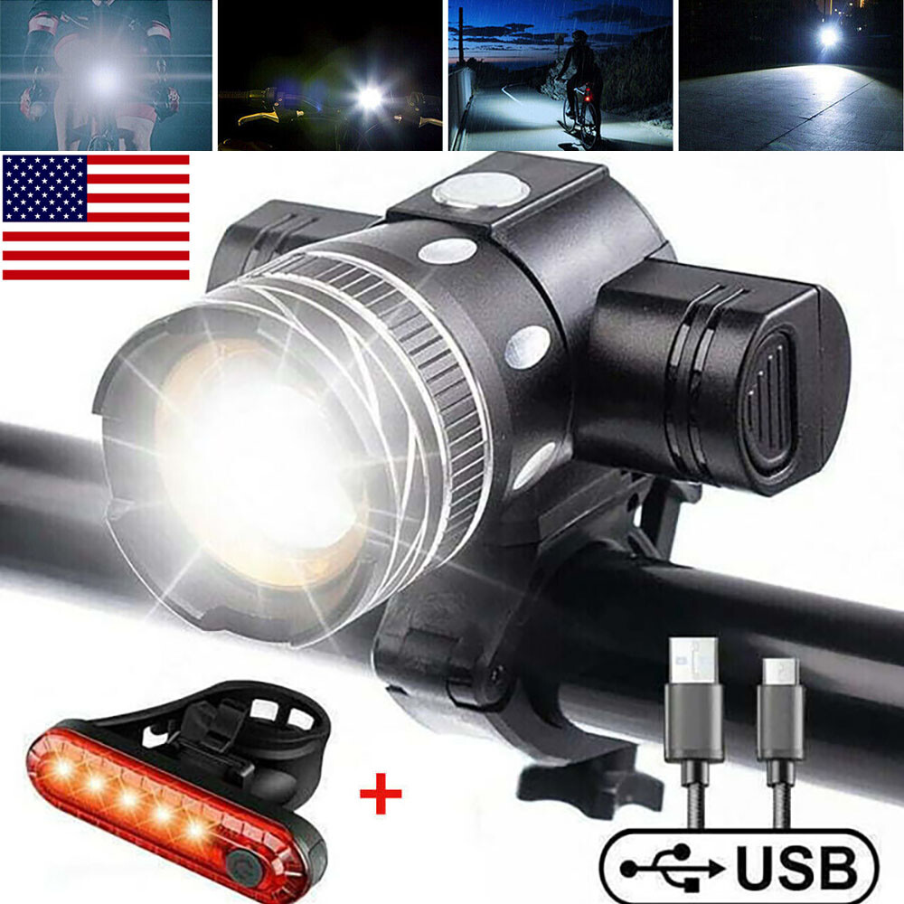LED Bike Light Combo USB Rechargeable Headlight Rear Taillight Set Bicycle Lamp