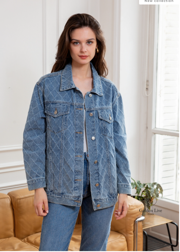 Women Casual Oversized Blue All Over Diamond Embroidery Embellished Denim Jacket - Picture 2 of 5