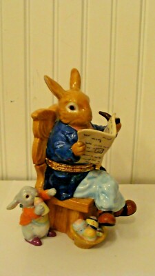 Easter CWC Porcelain Bunny/Rabbit Father Reading News Paper Trinket Box 