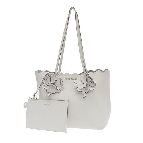 Miu Miu Flower Tote Bag 5BG054 2019 Off-White Leather Gold Hardware #SN1544