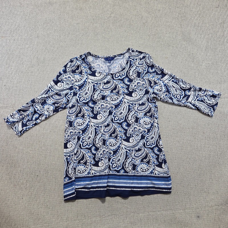 Apt. 9 Blouse Top Women's Size Medium Blue White Paisley 3/4 Sleeve Scoop Neck