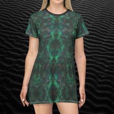 Mystical Green Tie-Dye T-Shirt Dress, Boho Chic, Spring Goth series