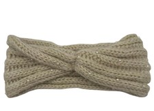 Twisted Knit Headband Pearl Embellished Beige Warm Winter Ear Warmer Outdoor