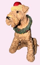 Wire Fox Terrier Christmas Figurine Santa Hat  Wreath 5 Inches