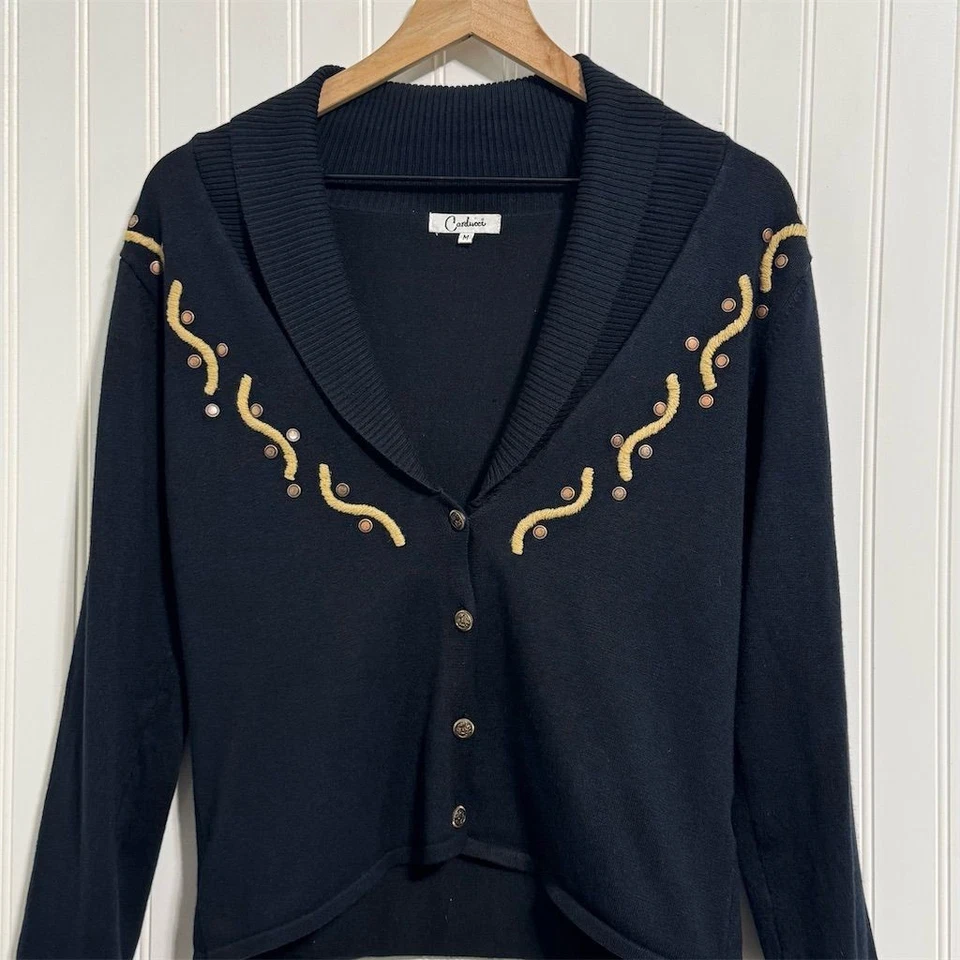 Cárdigan Suéter Vintage Carducci Cuello Chal M Negro Dorado Adornado Western Foto 2 de 4