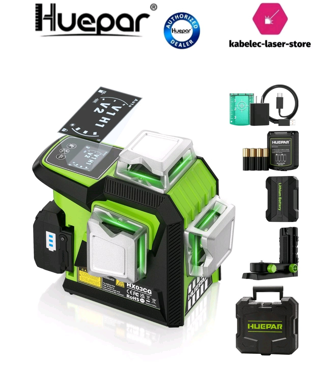 Niveau laser Huepar 3d vert XH03CG autonivelant 12 lignes et batterie lcd