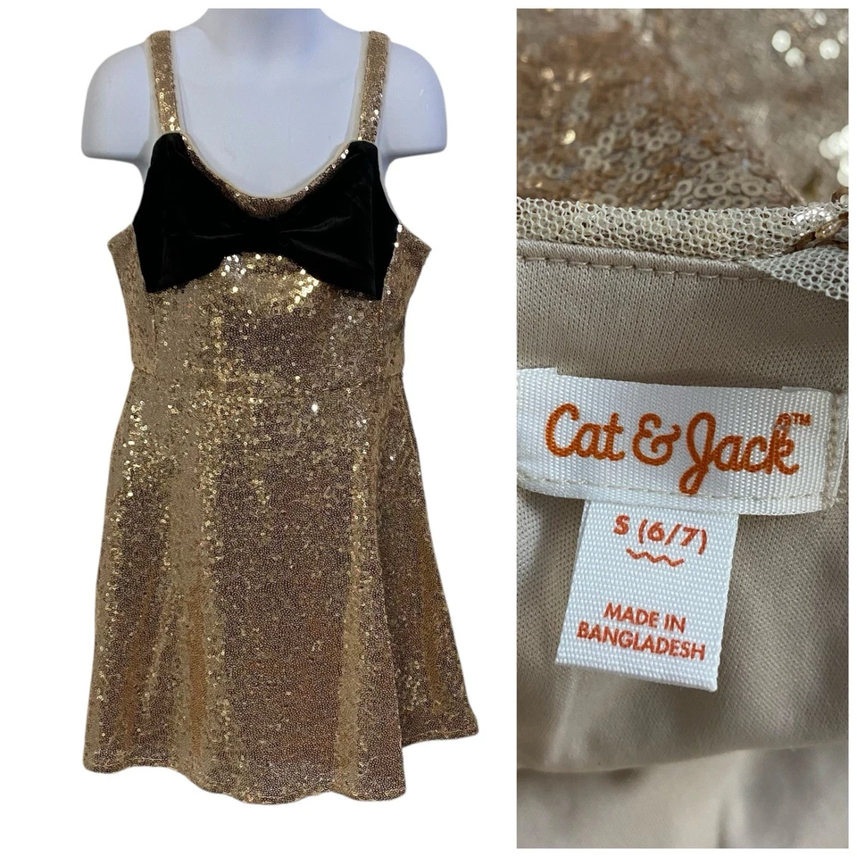 Cat & Jack Dress Girls Small (6-7)  Sleeveless Sequin Skater Velvet Bow Holiday - Image 2 of 4
