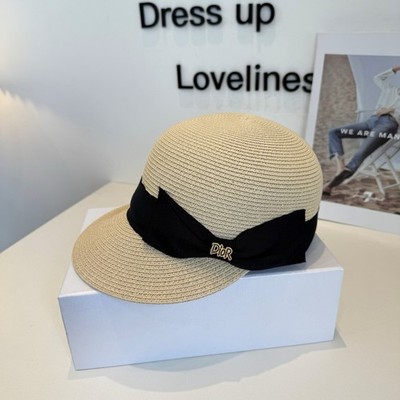 Dior Women s Beige Straw Wide Brim Sun Hat Black Bow Logo One Size
