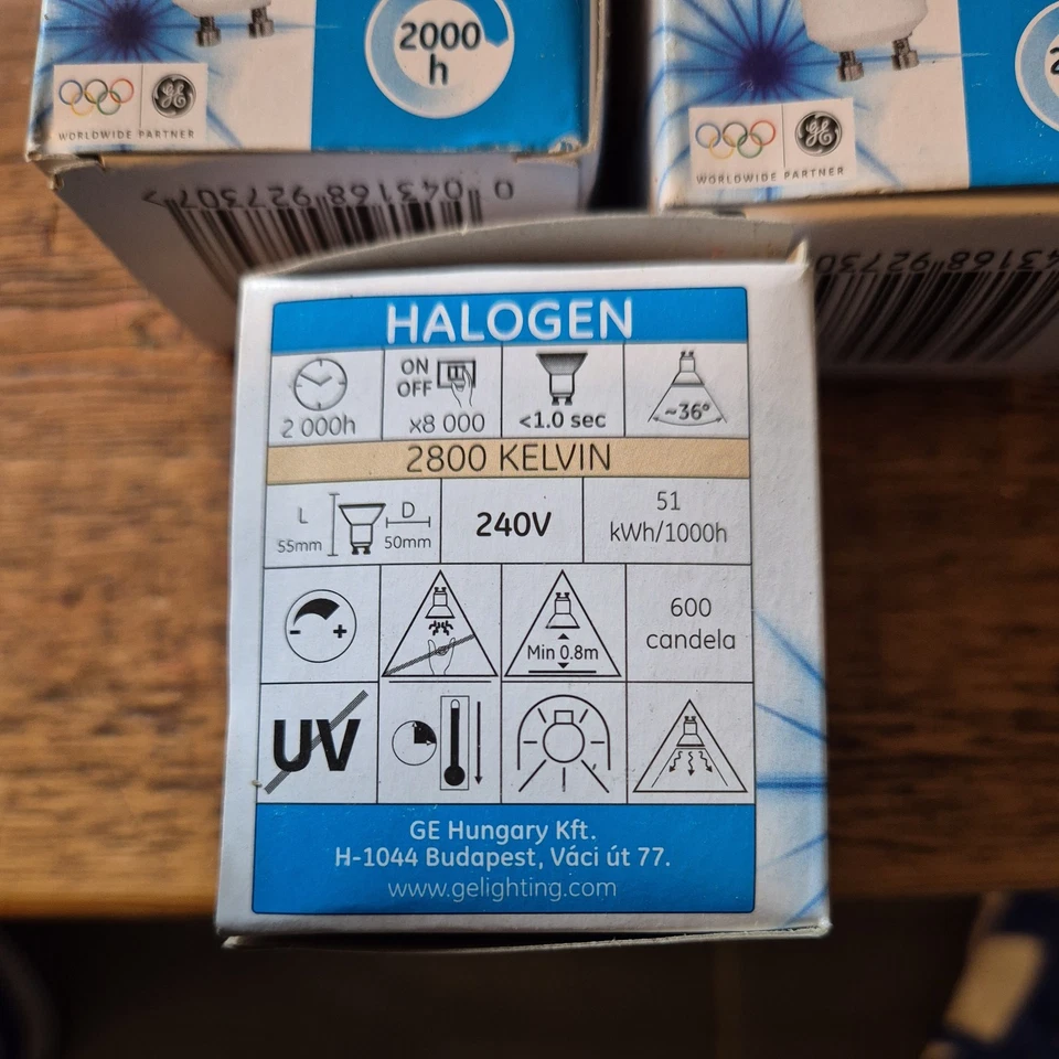 5 x General Electric 50w 240v 2800k Halogen GU10 - New in Box - Image 2 of 2