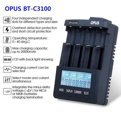 OPUS BT-C3100 V2.2 Battery Charger 4-Slot Smart LCD for AA AAA NiMH Li-ion SDE