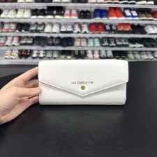 Liz Claiborne Wallet Envelope Clutch White And Gold 3 Compartment