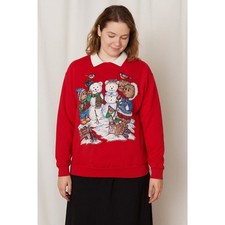 Vintage Christmas Teddy Bear Snowman Sweatshirt XL Red Holiday 90s Festive