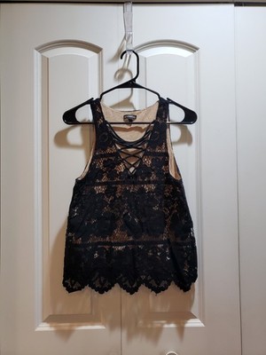 Express Black & Tan Floral Design Lace Up Lined Tank Top Sleeveless Size S