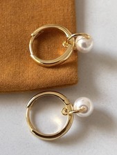 925 Sterling Silver Gold Pearl style Huggie Hoop Earrings Minimalist Dangle 