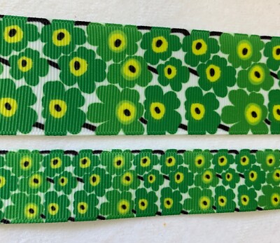MOD style Flowers green yellow flower floral Grosgrain ribbon  5/8'' 7/8  1.5''