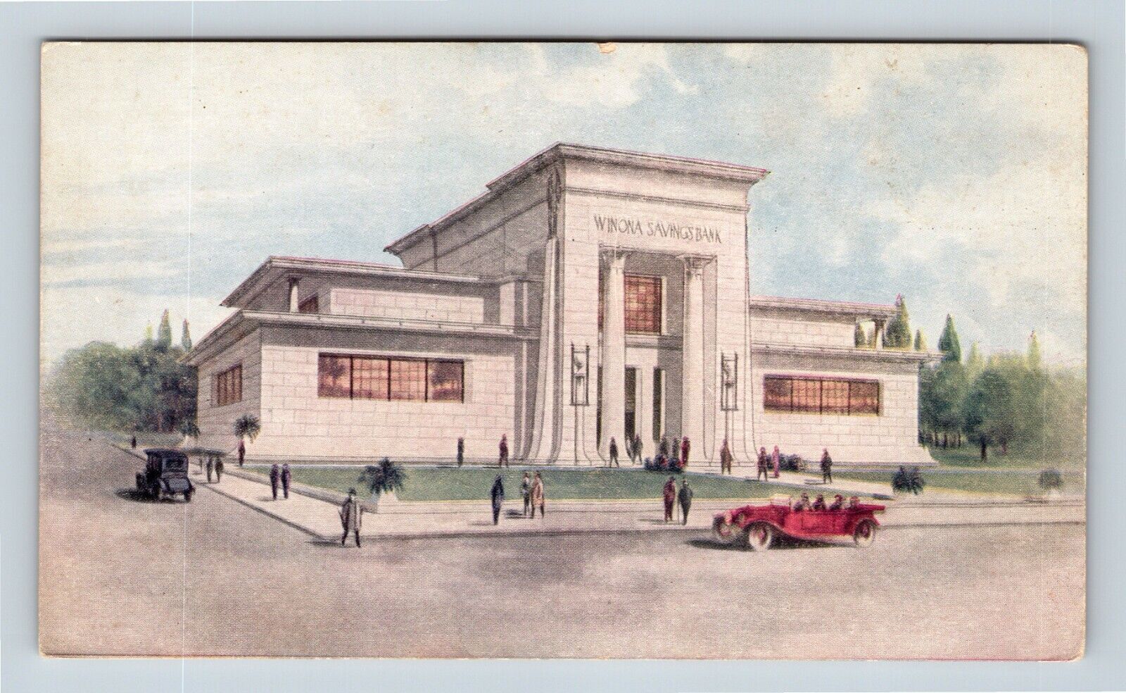 Winona MN, Savings Bank, Customers, Street View, Minnesota Vintage Postcard