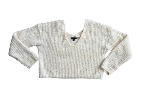 Kendall And Kylie Cropped V Neck Sweater Women's Size Small Cream Fuzzy Ribbed - Picture 8 of 12
