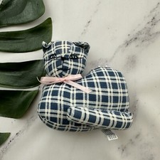 Simplicity Vintage Cat Shaped Pin Cushion Blue Plaid Stuffed Small Kitten Sewing