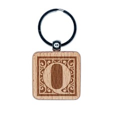 Monogram Swirls Capital Letter Q Engraved Wood Square Keychain Tag Charm