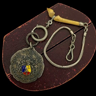 Antique Vintage Nouveau Sterling Silver Masonic Fob Chain Charm Bracelet 