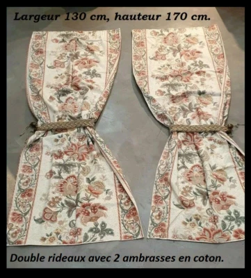 Double rideaux fleuris avec embrasses, crochets de fixations L: 130cm - H: 170cm - Photo 1/4