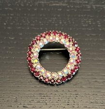 Vintage Rhinestone Round Wreath Brooch Red Iridescent Gold Tone Pin 1.25 inch
